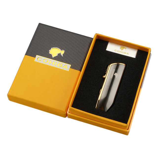 COHIBA Winddichtes Mini-Taschen-Zigarrenfeuerzeug aus Metall, 3 Jet Blue Flame Torch Zigarettenanzünder mit Zigarrenpunsch-Geschenkbox