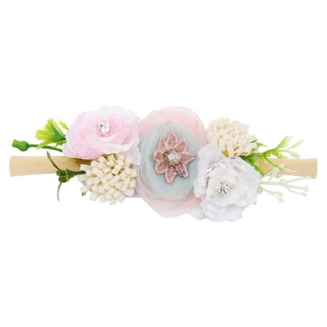 3 estilos de diademas de flores artificiales de encaje de perlas para recién nacidos para niñas pequeñas, diademas elásticas de nailon hechas a mano, diadema para bebés y niños pequeños