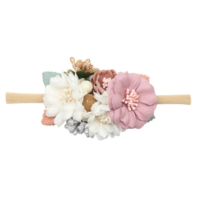 3 estilos de diademas de flores artificiales de encaje de perlas para recién nacidos para niñas pequeñas, diademas elásticas de nailon hechas a mano, diadema para bebés y niños pequeños