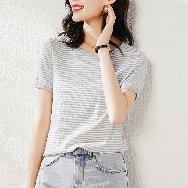 Women Fashion Black And White Striped Blouse Shirt Casual Long Sleeve O-neck Soft Korean Shirt Ladies Women T-Shirt Spring 2021