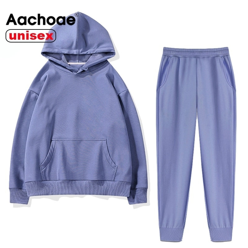 Aachoae 2020 Women Unisex Couple Fleece 100% Cotton Suits 2 Pieces Sets Casual Tracksuit Hoodies Sweatshirt Pants Plus Size