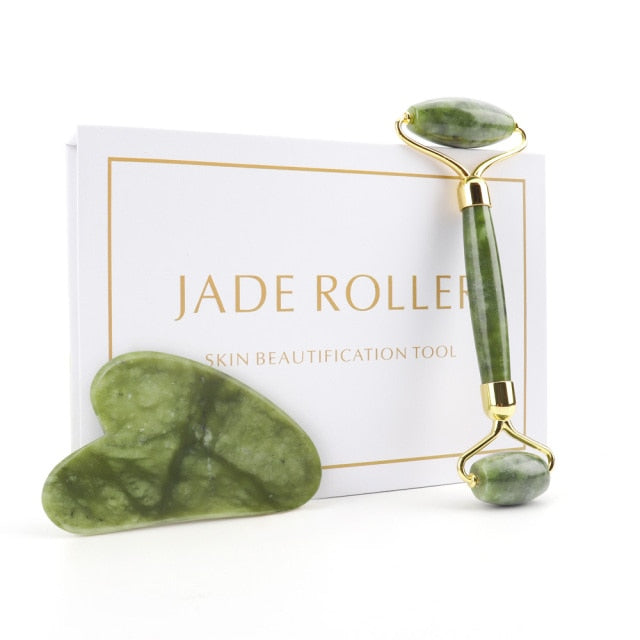 Natürlicher Rosenquarz Jade Roller Gua Sha Set Gesichtskörpermassagegerät Roller Jade Stone Massage Set Face Lifting Beauty Massage Tool