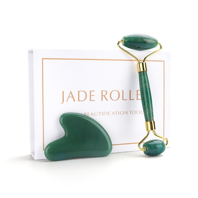 Natürlicher Rosenquarz Jade Roller Gua Sha Set Gesichtskörpermassagegerät Roller Jade Stone Massage Set Face Lifting Beauty Massage Tool