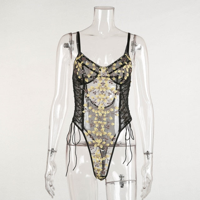 Body de encaje con bordado Floral Yimunancy, Body ajustado transparente con cordones para mujer, Bodsyuit Body para mujer 2020