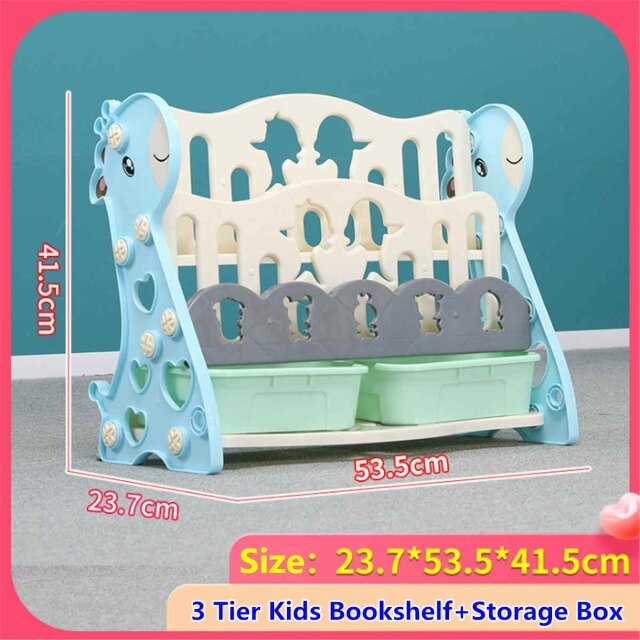 3/4-stöckiges Kinder-Bücherregal für kleine Kinder, Kindergarten, Spielzeug, Schreibwaren, Aufbewahrung, Bücher, Regale mit 2 Aufbewahrungsboxen