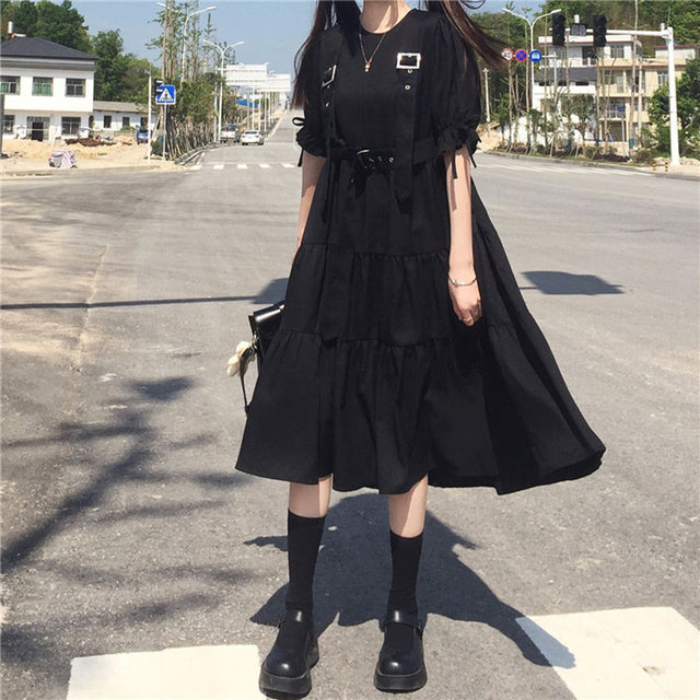 YBYR Japanese Harajuku Women Black Midi Dress Gothic Style Suspenders Bandage Dress Vintage Ruffles Long Baggy Cosplay Costume