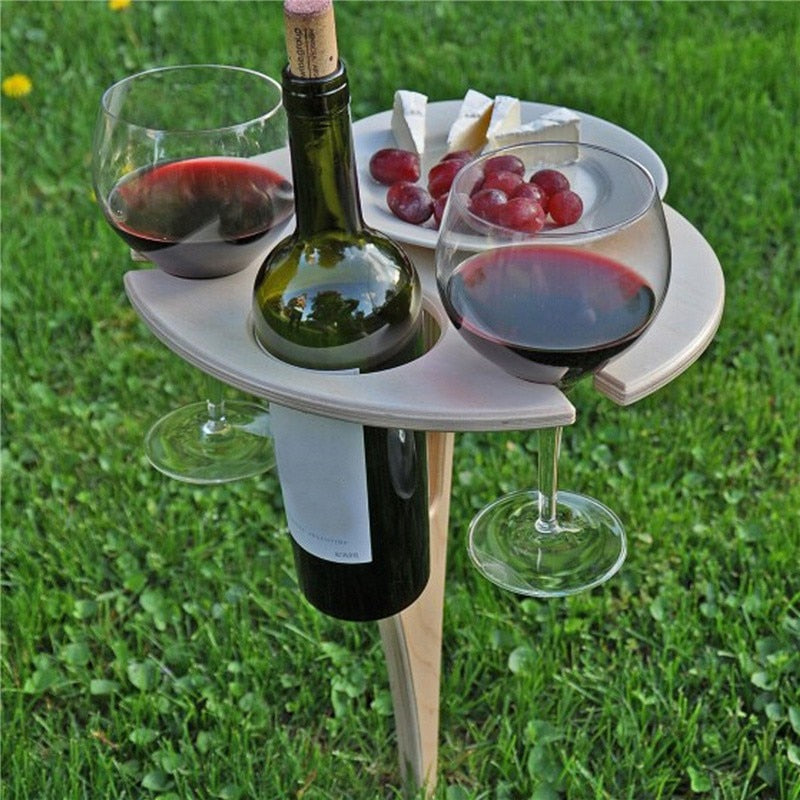 Weintisch im Freien mit faltbarem rundem Desktop-Mini-Picknicktisch aus Holz. Einfach zu tragender Weinregal-Unterstützungs-Dropshipping