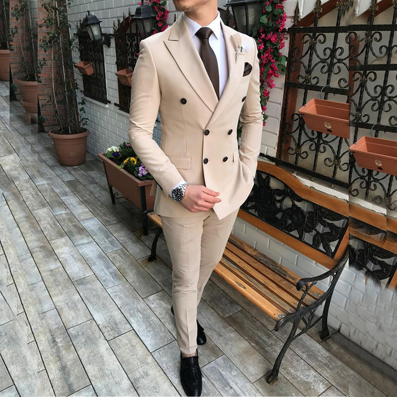 2020 New Beige Herren Anzug 2 Stück Zweireiher Kerb Revers Flach Slim Fit Casual Smoking für Hochzeit (Blazer + Hose)