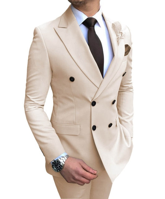 2020 New Beige Men's Suit 2 Pieces Double-Breasted Notch Lapel Flat Slim Fit Casual Tuxedos For Wedding(Blazer+Pants)