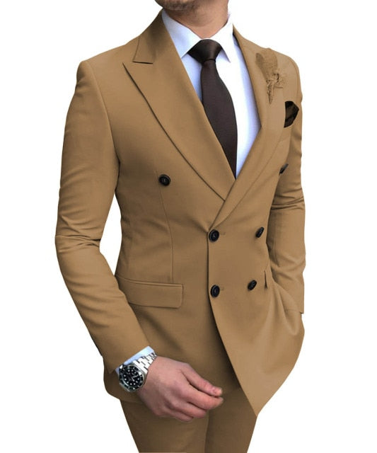 2020 New Beige Men's Suit 2 Pieces Double-Breasted Notch Lapel Flat Slim Fit Casual Tuxedos For Wedding(Blazer+Pants)