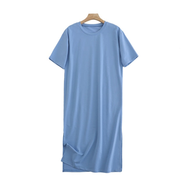 Tangada 2021 Women Elegant 95% Cotton Sweatshirt Dress Oversized Short Sleeve Side Open Ladies Midi Dress 6L60