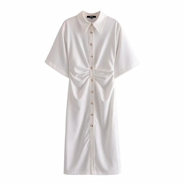 TRAF Women Chic Fashion Button-up Draped Midi Shirt Dress Vintage Short Sleeve Side Zipper Female Dresses Vestidos