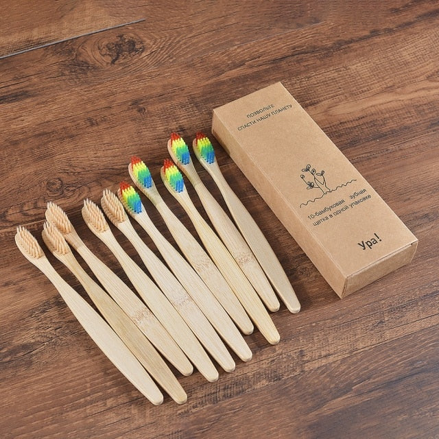 10 Uds cepillo de dientes colorido juego de cepillos de dientes de bambú Natural cepillos de dientes de carbón de cerdas suaves cepillos de dientes de bambú ecológico cuidado bucal Dental