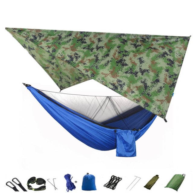 Camping-Hängematten-Moskitonetz und Hängematten-Überdachung, tragbare Nylon-Hängematten-Regenfliegen-Baumgurte für Wandern, Camping, Überlebensreisen