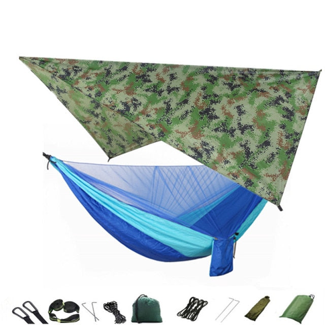 Camping-Hängematten-Moskitonetz und Hängematten-Überdachung, tragbare Nylon-Hängematten-Regenfliegen-Baumgurte für Wandern, Camping, Überlebensreisen