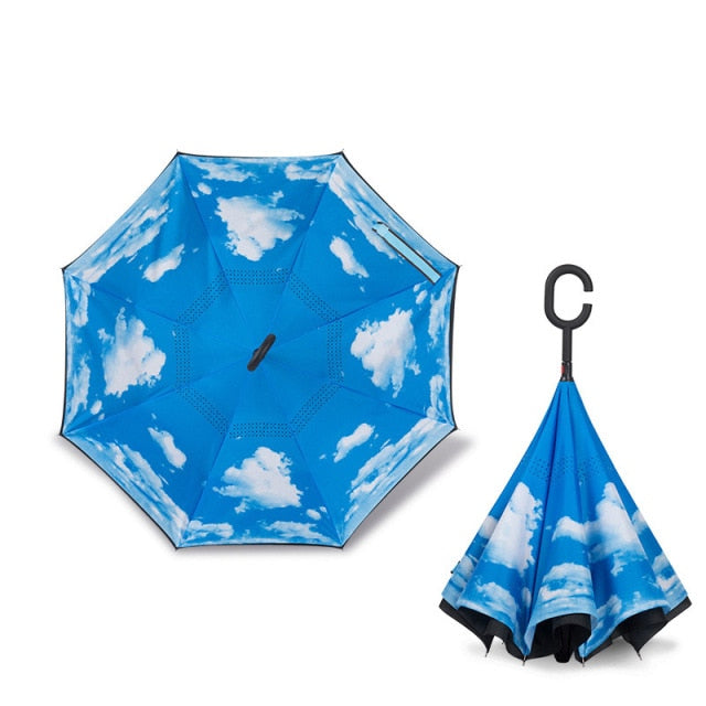 2021 Folding Long Shank Double Layer Inverted Umbrella Windproof Reverse C-Hook männlicher Golfschirm Reverse Regenschirme für Auto