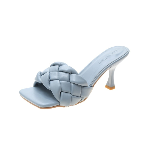 Luxury Slides Women 8cm High Heels Mules Fetish Pumps Individual Weave Leisure Blue Office Ladies Prom Slippers Women's Shoes
