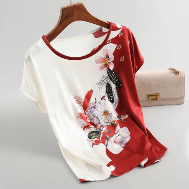Mode Blumendruck Bluse Pullover Damen Seidensatin Blusen Plus Größe Fledermausärmel Vintage Druck Lässige Kurzarmoberteile