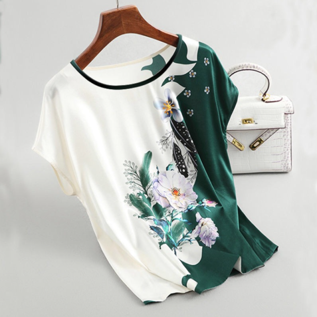 Mode Blumendruck Bluse Pullover Damen Seidensatin Blusen Plus Größe Fledermausärmel Vintage Druck Lässige Kurzarmoberteile