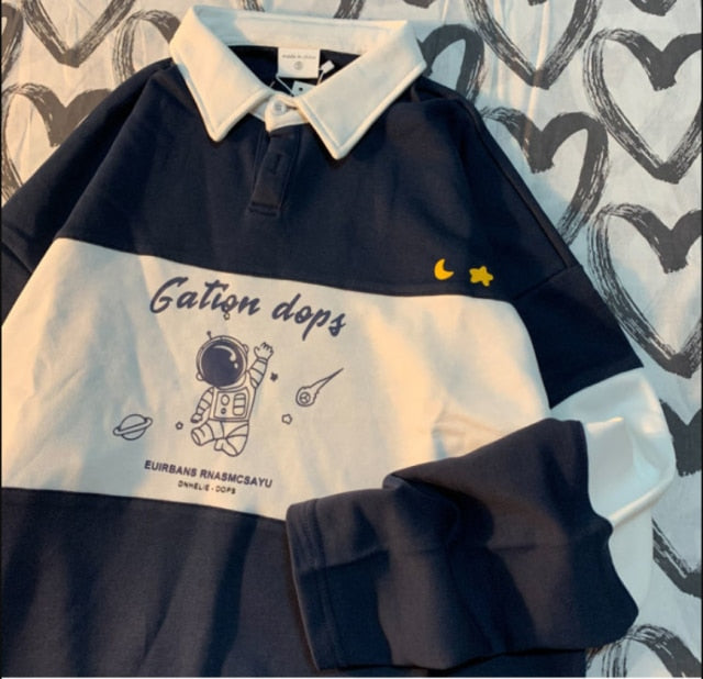 Frauen Sweatshirts Herbst Lässige Vintage Brief Bärendruck Gestreifte Patchwork Polokragen Harajuku Übergroße Kapuzenpullover Tops