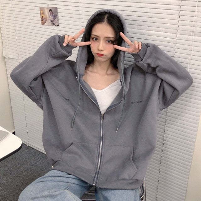 Reißverschluss Frauen koreanischen Stil Hoodies für Mädchen Top Vintage Solide Langarm übergroße Kapuzen-Sweatshirt-Jacke beiläufige große Mäntel