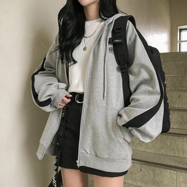 Zip up mujeres estilo coreano sudaderas con capucha para niñas Top Vintage sólido manga larga de gran tamaño Sudadera con capucha chaqueta Casual abrigos grandes