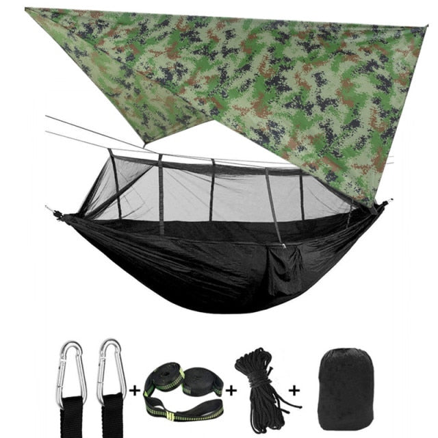 Hamaca portátil para acampar con mosquitera, mosca para la lluvia y correas para árboles para interiores, exteriores, mochileros, viajes, playa, senderismo