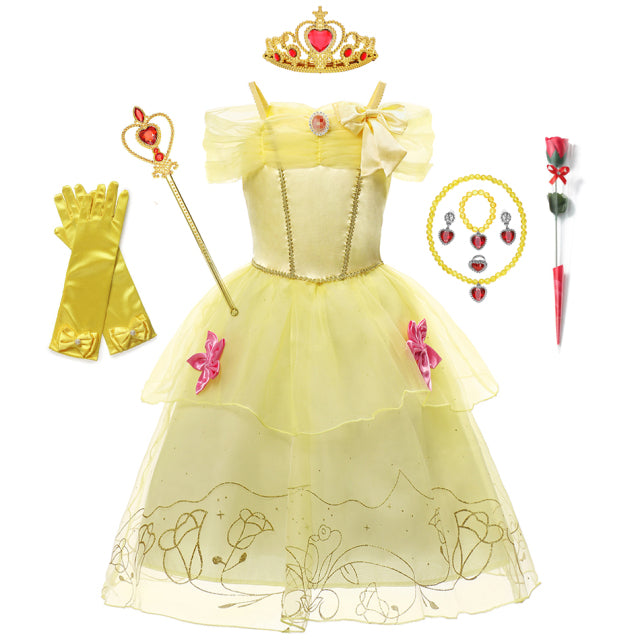Mädchen Rapunzel Prinzessin Cosplay Kleider Party Geschenk Belle Cinderella Aurora Schneewittchen Sofia Mesh Ballkleid Geburtstagskostüm