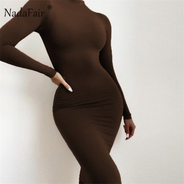 Nadafair Sexy Women Dress Long Sleeve Turtleneck Autumn Winter Solid Casual Basic Black White Bodycon Slim Maxi Dress For Women