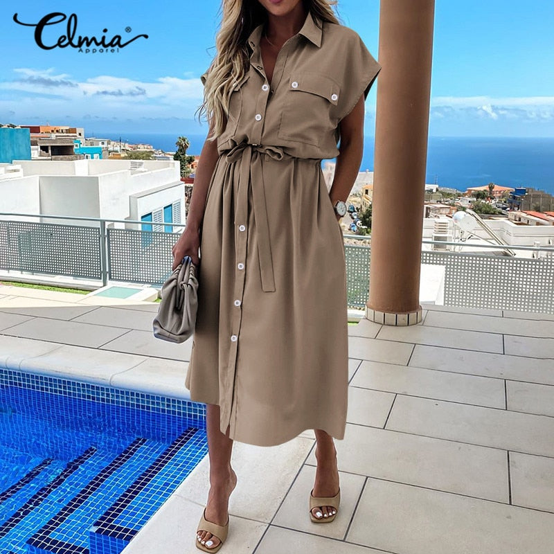Celmia 2021 Summer Sundress Women Elegant Dress Plus Size Short Sleeve Casual Loose Buttons High Waist Work Midi Vestidos Robe