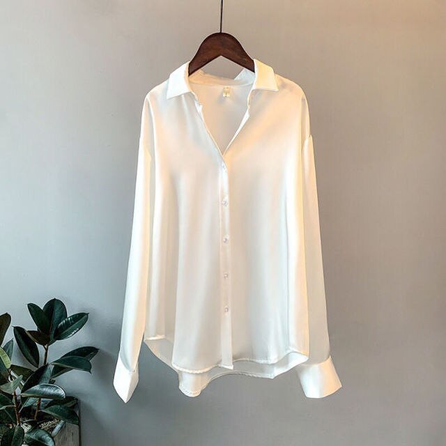 Seda coreana Oficina señoras elegante camisa blusa mujer moda botón arriba satén camisa Vintage blanco manga larga camisas Tops 11355