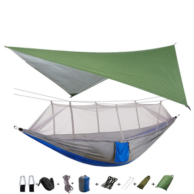 Tragbare Camping-Hängematte mit Moskitonetz und Regenfliegenplane, Hängematten-Überdachung, Nylon-Hängematten, Doppel-Hängematte, Wander-Terrassenmöbel