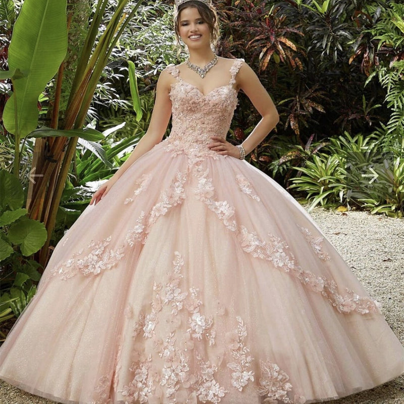 Pink Princess Quinceanera Dress 2021 Appliques Sequins Beads Flowers Backless Party Sweet 16 Ball Gown Vestidos De 15 Años