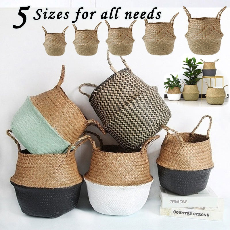 Cesta de almacenamiento tejida hecha a mano, cesta plegable para la colada, cesta para la colada de mimbre de paja, hierba marina, vientre, jardín, maceta, cesta para plantas