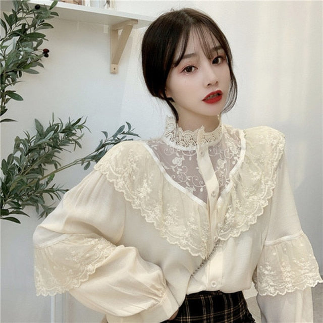 Otoño coreano dulce ropa suelta con cordones con volantes blusas de mujer moda Stand Collat ​​señoras Tops Vintage encaje camisas mujeres 11335