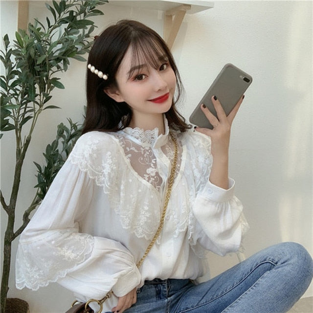 Autumn Korean Sweet Loose Clothes Lace Up Ruffled Women Blouses Fashion Stand Collat Ladies Tops Vintage Lace Shirts Women 11335