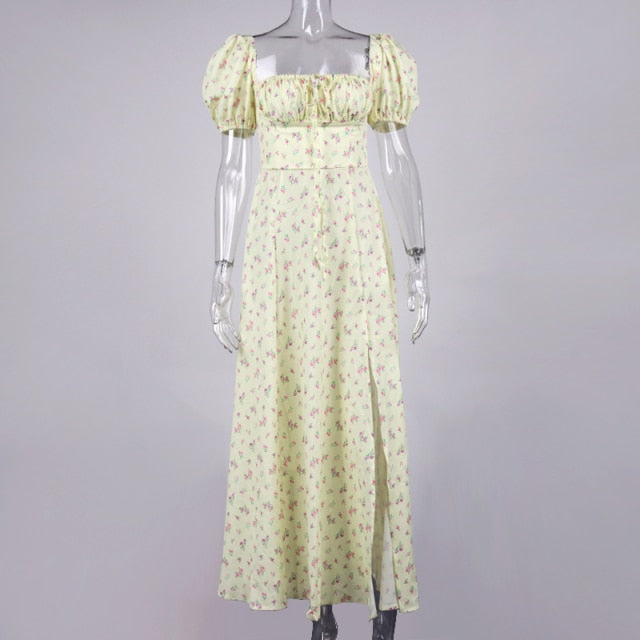 NewAsia Kleid mit Blumendruck, süßer eckiger Ausschnitt, Puffärmel, seitlich verschüttete Maxikleider mit Kordelzug für Damen, Party, schicke, lässige Outfits