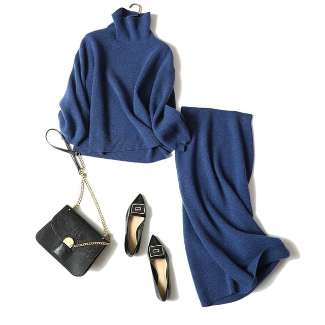 luxury winter thick 100% cashmere warm turtleneck sweater plus elegant shirt 2 piece set