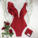 2021 nuevo traje de baño Sexy de una pieza con estampado Floral y volantes, traje de baño con hombros descubiertos para mujer, ropa de playa sólida con escote en V profundo, traje de baño Monkini