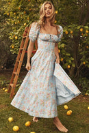 Summer Dress Women Short Puff Sleeve Flroal Printed Ruched Party High Split Long Maxi Dresses Drawstring Sexy Vestidos Sundress