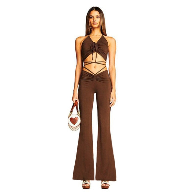 BIIKPIIK Halter Criss-Cross Crop Top And Women's Drawstring Pants Matching Sets Skinny Hollow Out Sexy Two Piece Set For Women