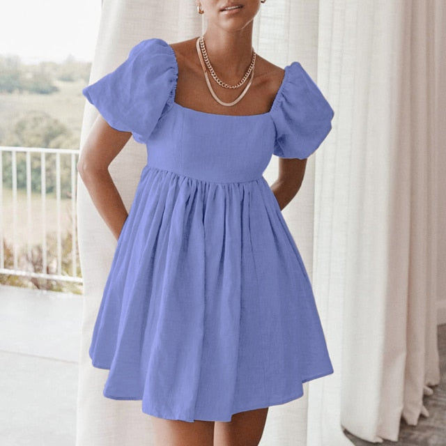 OOTN Vintage Casual Short Dress Summer Women Puff Sleeve A Line Dresses High Waist Square Collar Linen Ladies Dress Khaki 2021