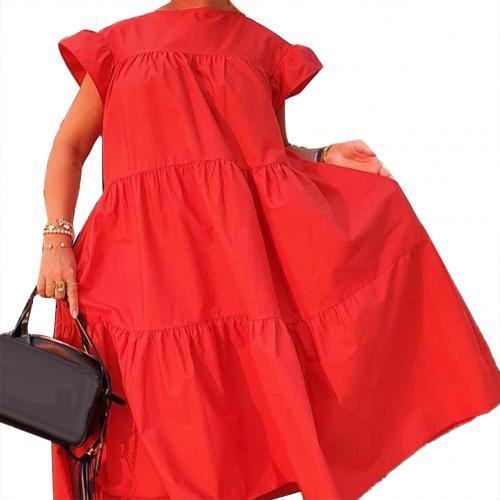 dresses for women 2021 Casual Solid Color O Neck Ruffled Short Sleeve Large Hem A Line Midi Dress summer clothes for women