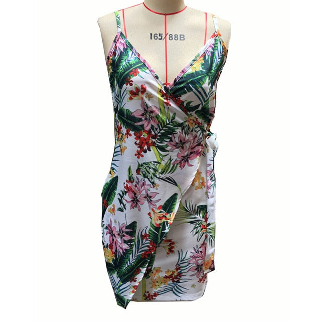 Tropisches Kleid mit V-Ausschnitt und Wickelkleid für Damen, ärmelloses Sommerferien-Minikleid