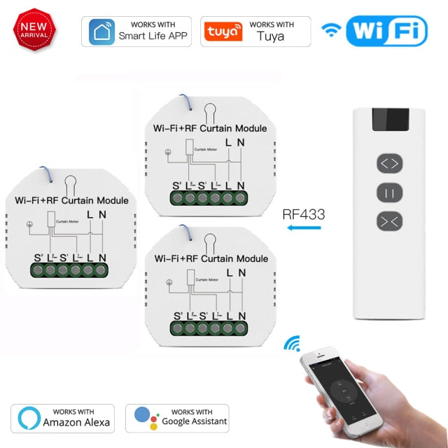 Tuya WiFi RF Roller Blind Shutter Curtain Switch Module with Remote for Electric Motor Sunscreen Works with Google Home Alexa