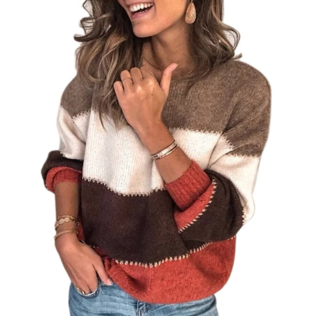 Suéter a rayas de manga larga para mujer, suéter de felpa de otoño e invierno, suéter cálido con costuras de cuatro colores y cuello redondo TY66