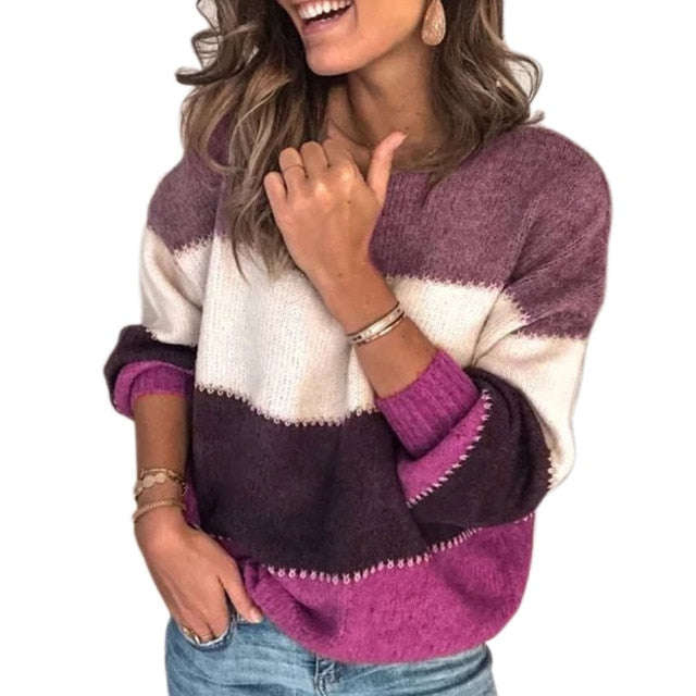 Suéter a rayas de manga larga para mujer, suéter de felpa de otoño e invierno, suéter cálido con costuras de cuatro colores y cuello redondo TY66
