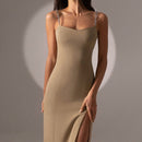 Beyouare Elegante Damenkleider Kette Trägerlos Ärmellos Solide Basic Split Knielang Bodycon 2021 Sommer Sexy Young Style