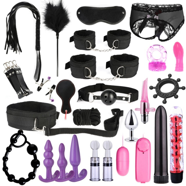 BDSM Kits Erwachsene Sexspielzeug für Frauen Männer Handschellen Nippelklemmen Peitsche Spanking Sex Metall Analplug Vibrator Hintern Bdsm Bondage Set