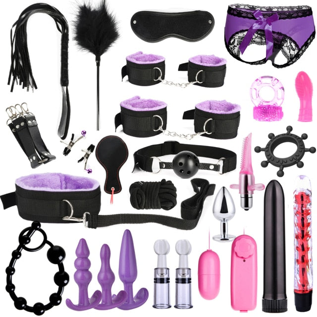 BDSM Kits Erwachsene Sexspielzeug für Frauen Männer Handschellen Nippelklemmen Peitsche Spanking Sex Metall Analplug Vibrator Hintern Bdsm Bondage Set